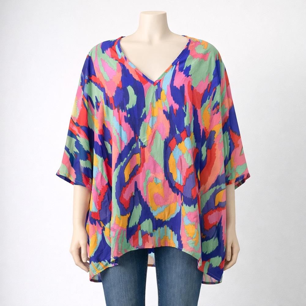 Adrienne Colorful Oversized Tunic Blouse Abstract‎ Print Flowy Statement Top S